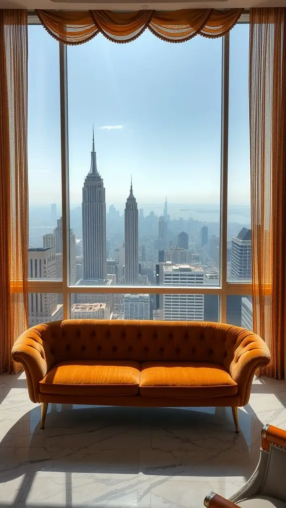 A caramel suede couch in front of large windows showcasing a city skyline.