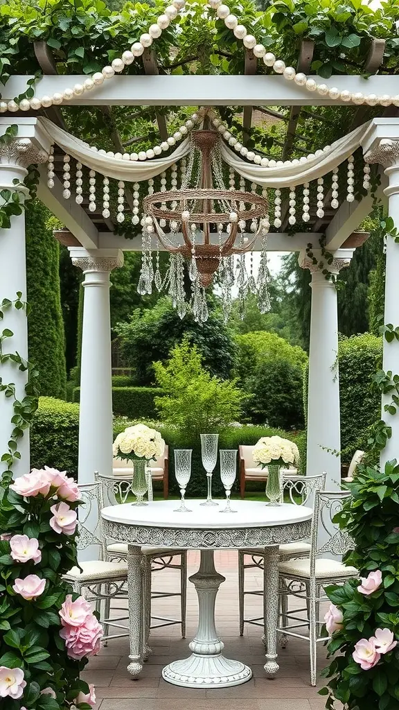 A beautifully decorated pergola with a chandelier, surrounded by flowers and greenery.