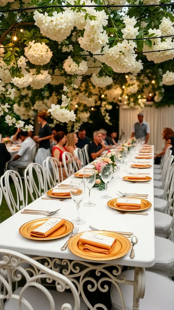 An outdoor dining setup with a long white table adorned with gold plates and white flowers overhead.
