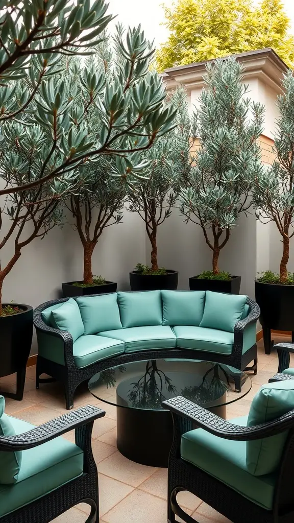 A stylish outdoor lounge set featuring a curved sectional sofa and armchairs with aqua cushions, surrounded by greenery in black pots.