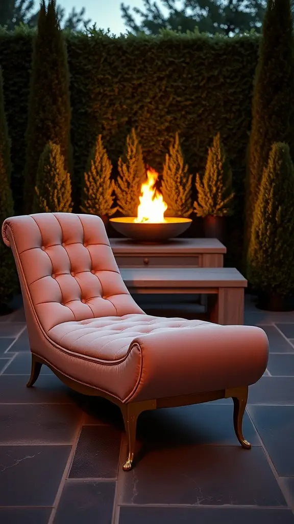 A cozy outdoor lounge with a chaise, fire pit, and greenery, evoking a Great Gatsby vibe.