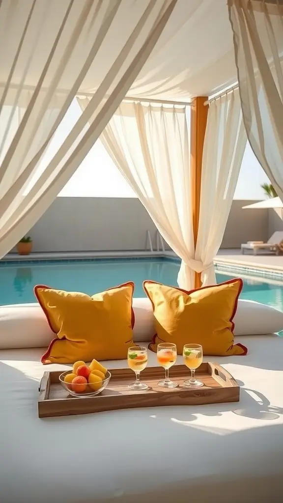 A stylish poolside canopy with yellow cushions and drinks on a tray