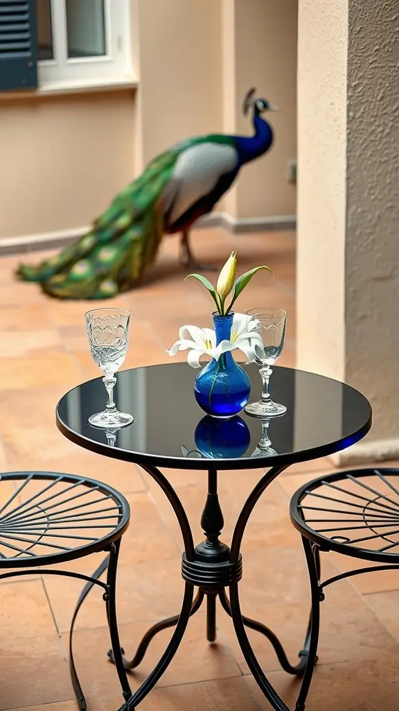 A vintage terrace table for two with a blue vase and flowers, crystal glasses, and a peacock in the background.