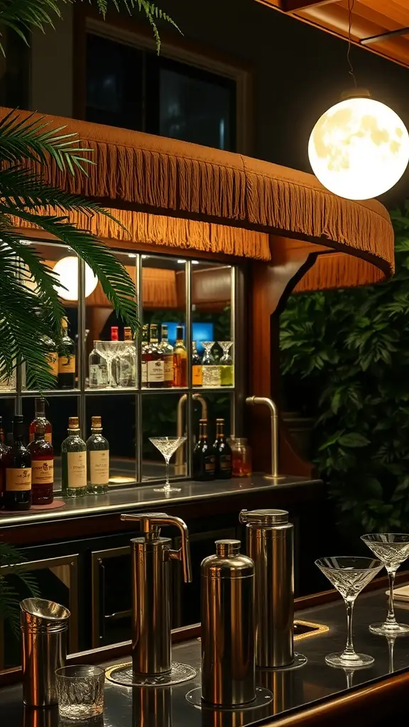 A stylish outdoor garden bar with a fringe canopy, surrounded by greenery and illuminated by soft lighting.