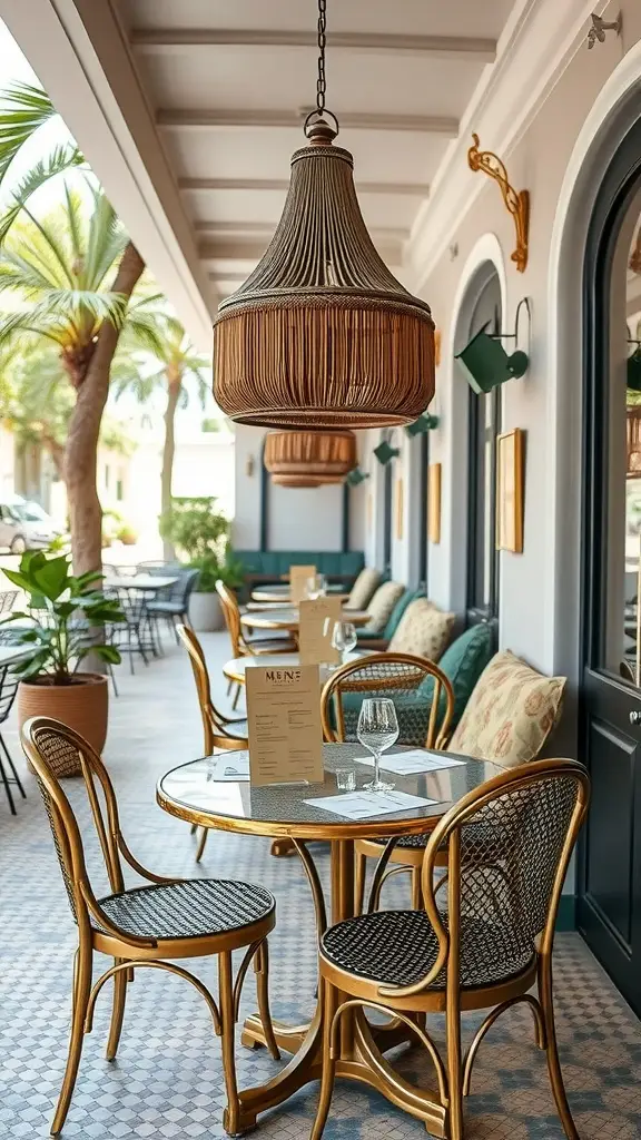 A stylish outdoor bistro setting with tiled tables, golden chairs, and hanging lights surrounded by greenery.