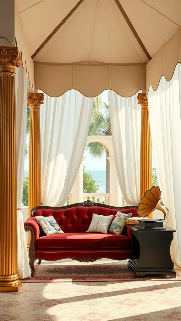 An elegant ivory Art Deco cabana featuring golden columns, white curtains, a red sofa, and a vintage gramophone with an ocean view.