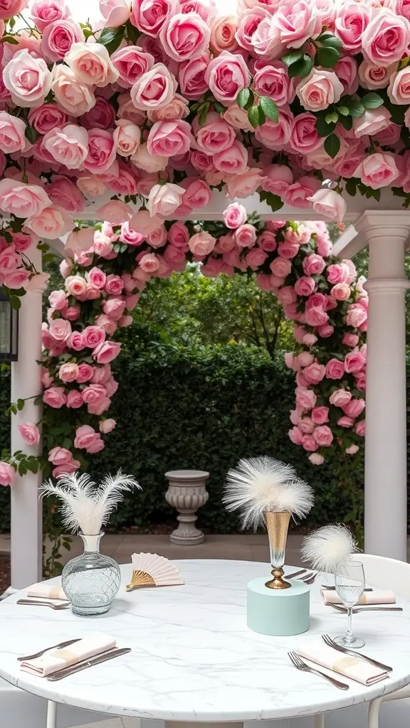 A dining setup under a rose-covered arbor with a marble table, elegant decor, and lush greenery.