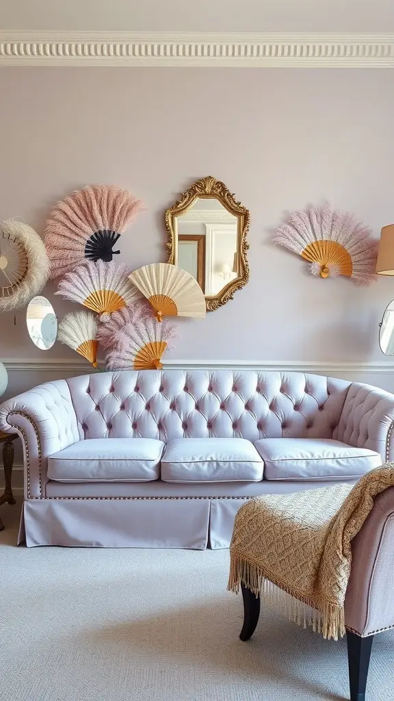 A frosted lilac couch in a vintage-inspired living room with decorative fans and a mirror.