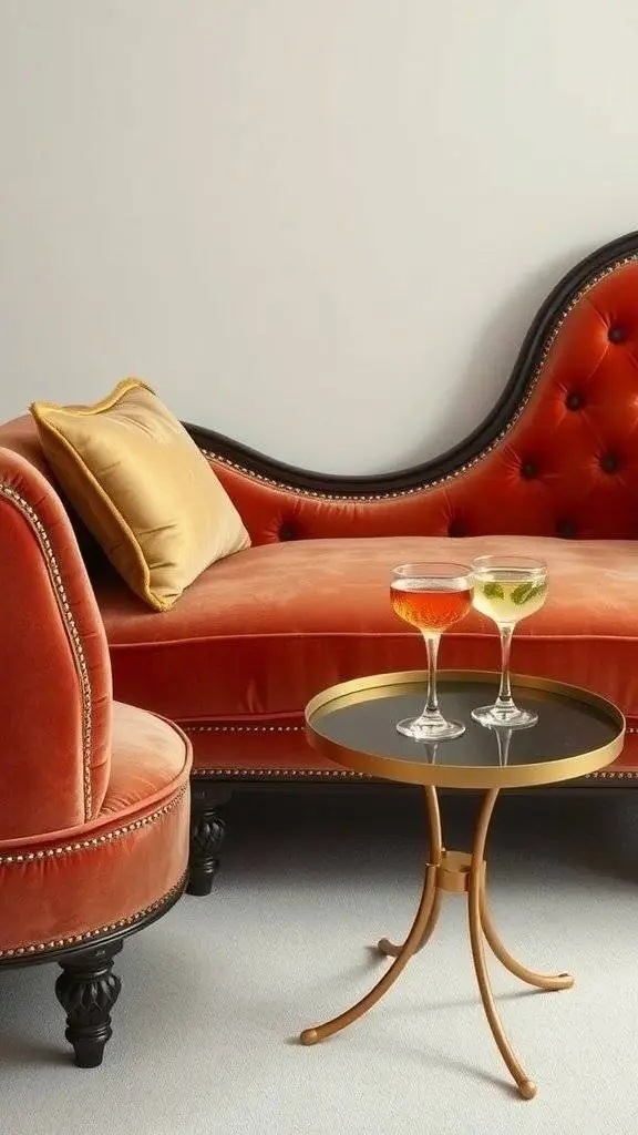 A stylish orange velvet couch with a gold and black table holding two cocktails.