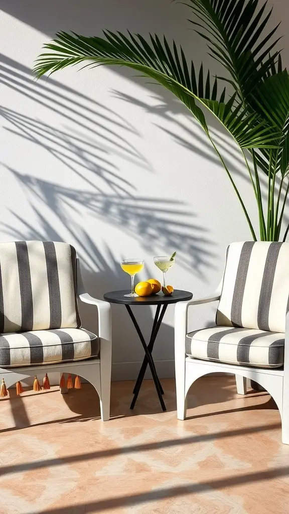 Two stylish sun chairs with tassels and striped cushions, accompanied by a small table with drinks and oranges, set in a bright outdoor space.