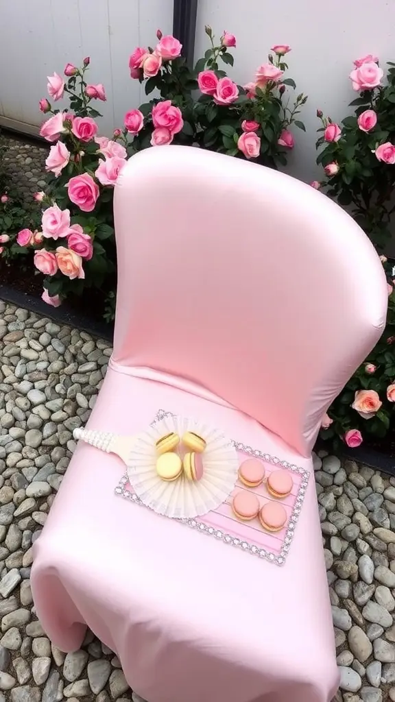 A pink sofa with a satin cover surrounded by pink roses in a garden setting.