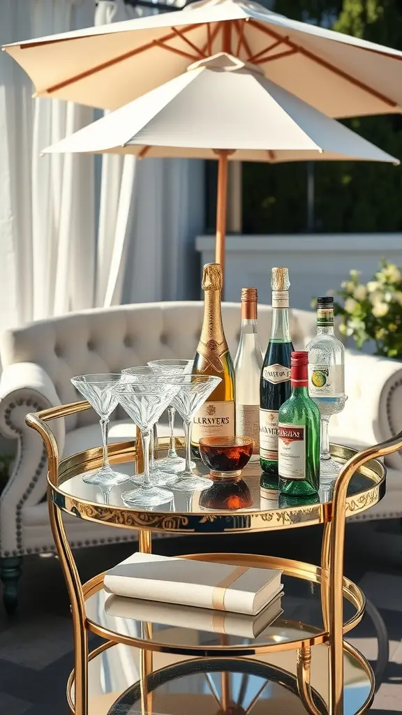 A stylish champagne bar on a lawn with bottles and glasses, featuring a cozy seating area.