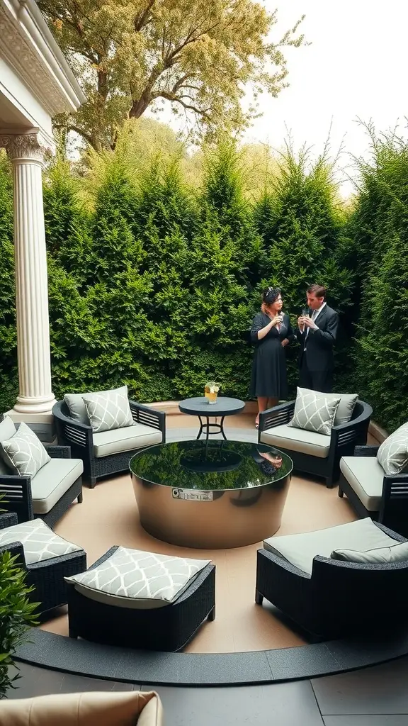 A sunken conversation pit with plush seating and a central table, surrounded by greenery.