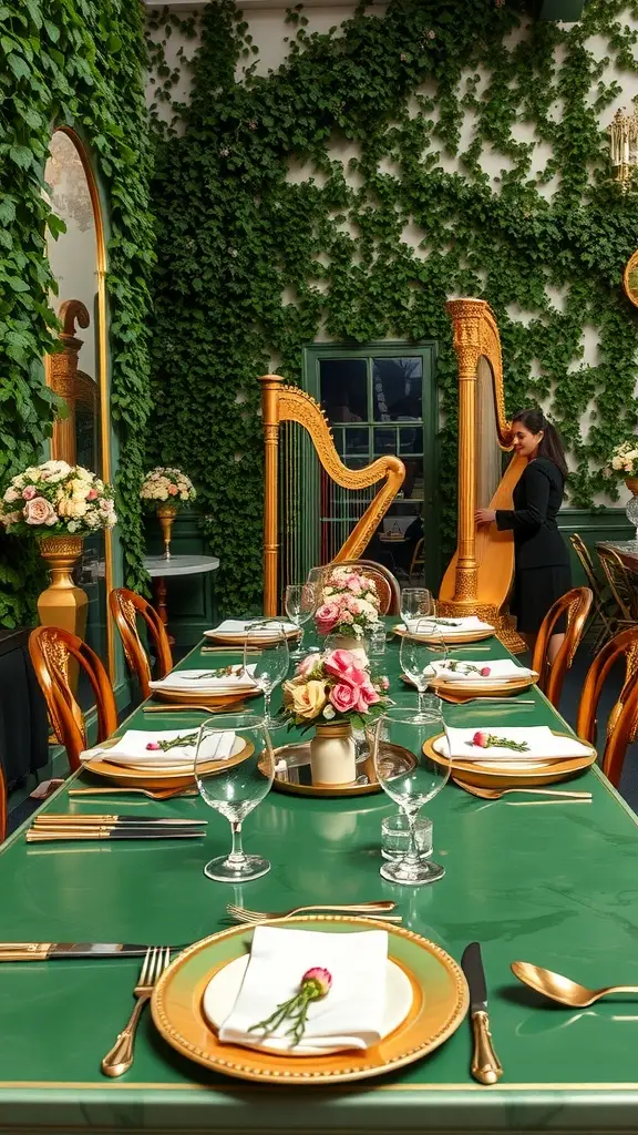 An elegant outdoor table setting with a green table, golden accents, and floral decorations, featuring a harpist in the background.