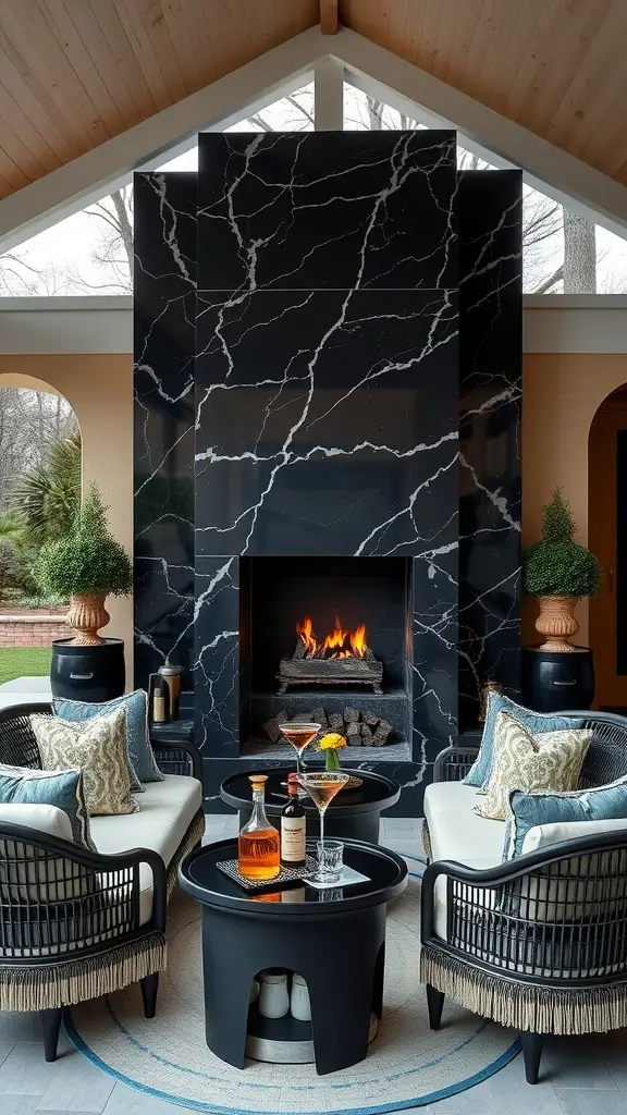 A stylish outdoor patio featuring a black marble fireplace, wicker chairs, and a coffee table with drinks.