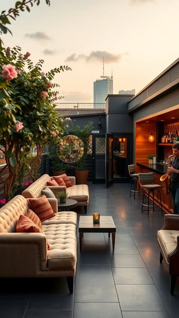 A stylish rooftop lounge with cozy seating, lush greenery, and a city skyline view at sunset.