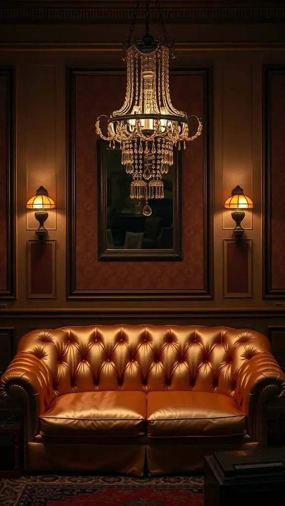 A vintage bronzed couch in a dimly lit parlor with a chandelier and wall sconces.