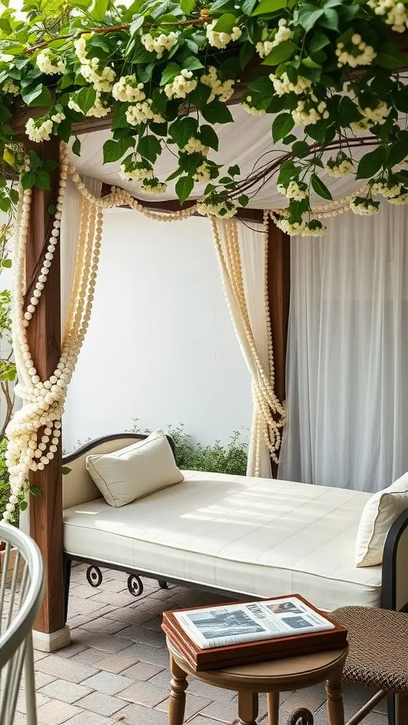 A cozy outdoor pergola daybed adorned with flowers and soft curtains, creating a serene relaxation space.