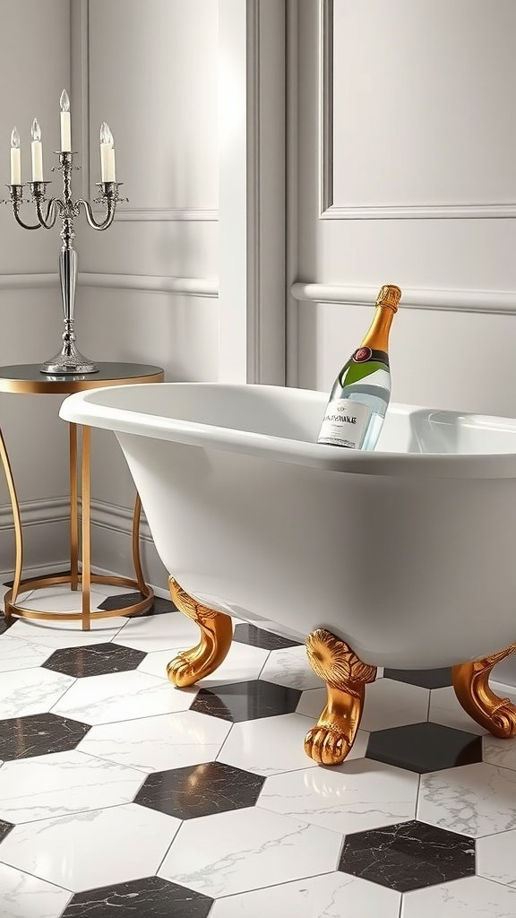A luxurious clawfoot tub with golden feet, a bottle of champagne inside, and a candle holder beside it, set in an elegant bathroom.