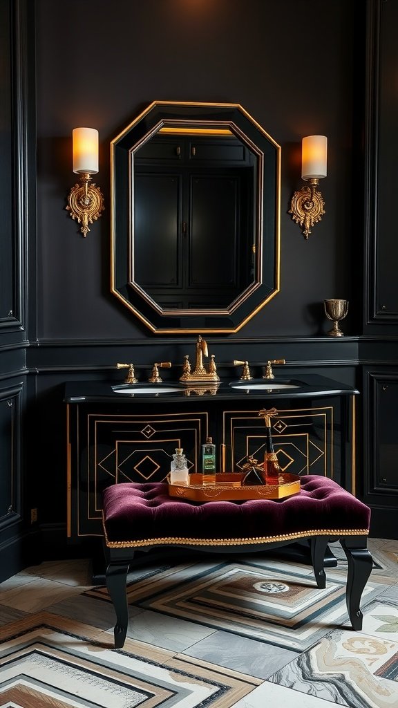Elegant bathroom with black walls, gold accents, and a plush purple bench.
