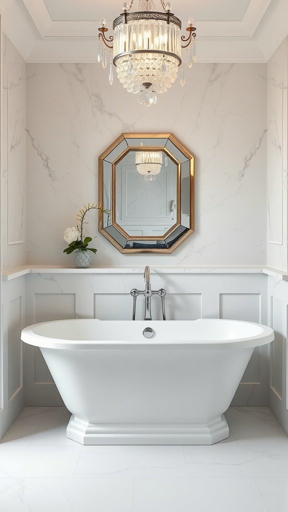 A luxurious bathroom with a freestanding tub, chandelier, and Carrara marble walls.