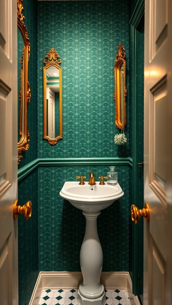 A stylish powder room with teal wallpaper, golden mirrors, and a pedestal sink.