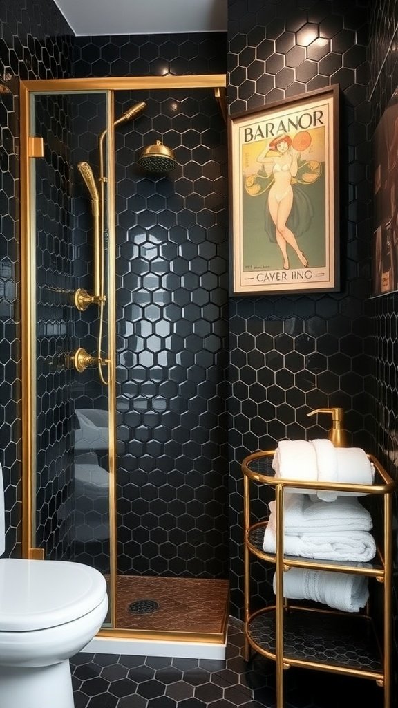 A modern bathroom featuring black hexagonal tiles and brass fixtures, with a vintage poster on the wall.