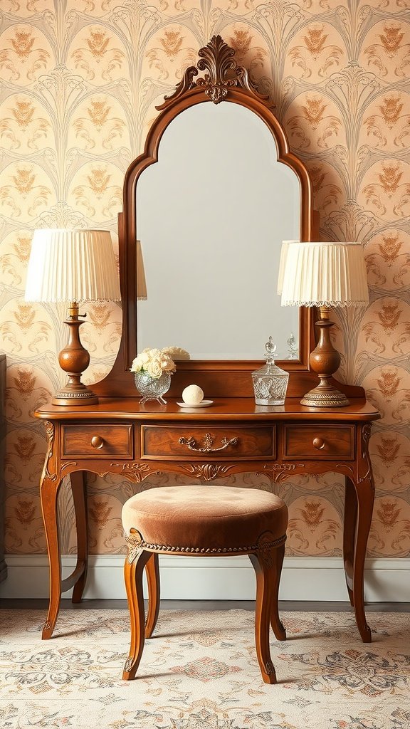 A vintage wooden vanity with a large mirror, two lamps, and a plush stool, set against floral wallpaper.