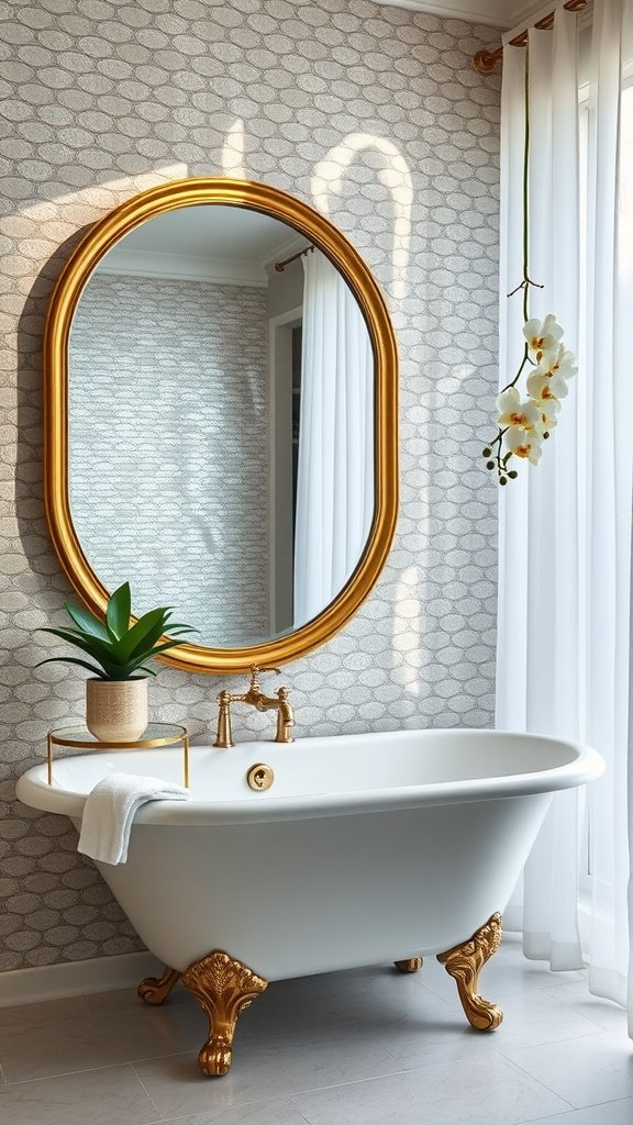 A luxurious bathroom featuring pearl tile, a freestanding bathtub with golden feet, and a round gold-framed mirror.