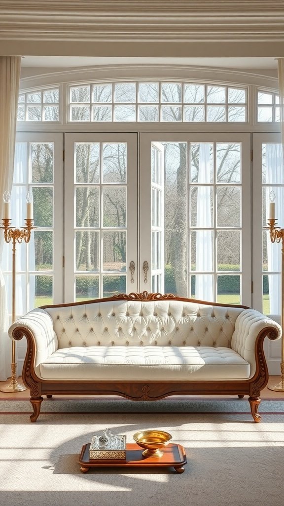 Ivory vintage living room couch in a bright room with large windows