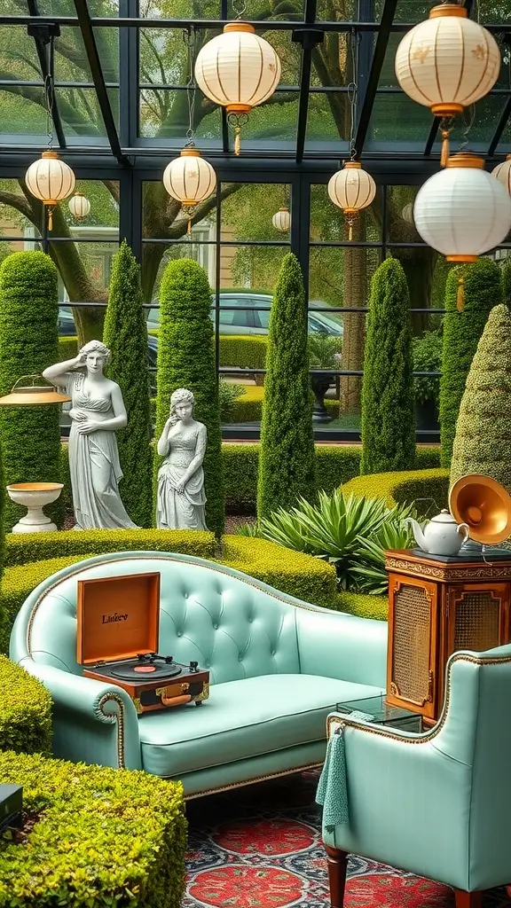 A mint-colored couch in a lush garden setting with statues and lanterns.