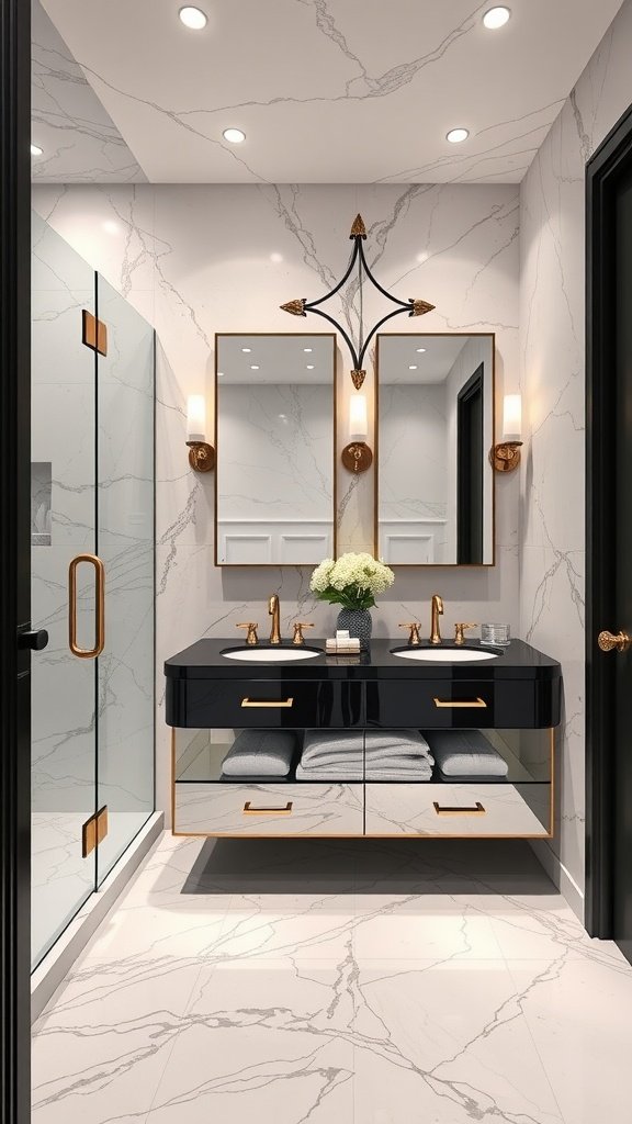 A luxurious bathroom featuring marble walls, a black double vanity with gold accents, and elegant mirrors.