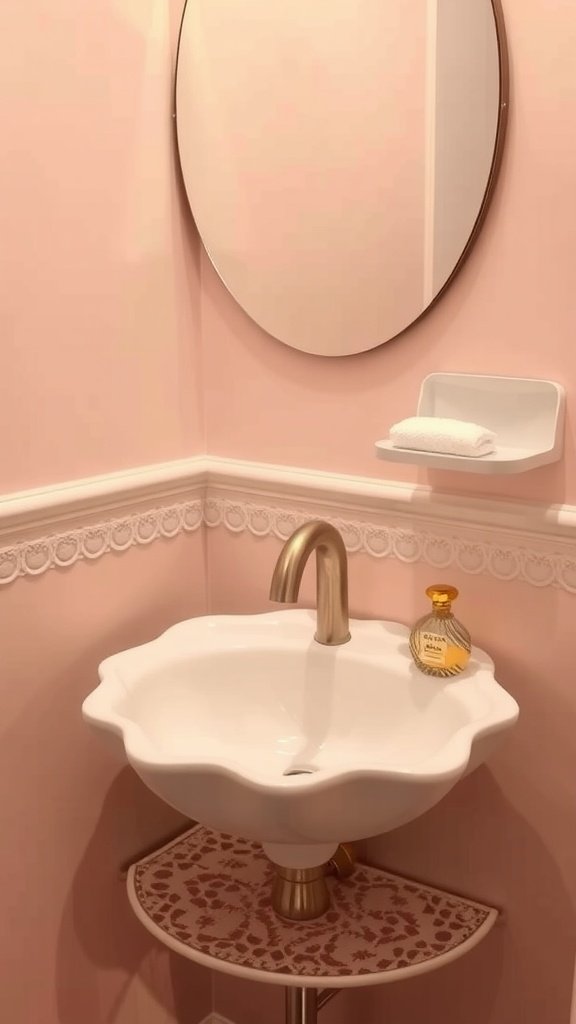 A stylish pink powder room featuring a flower-shaped sink and gold faucet.