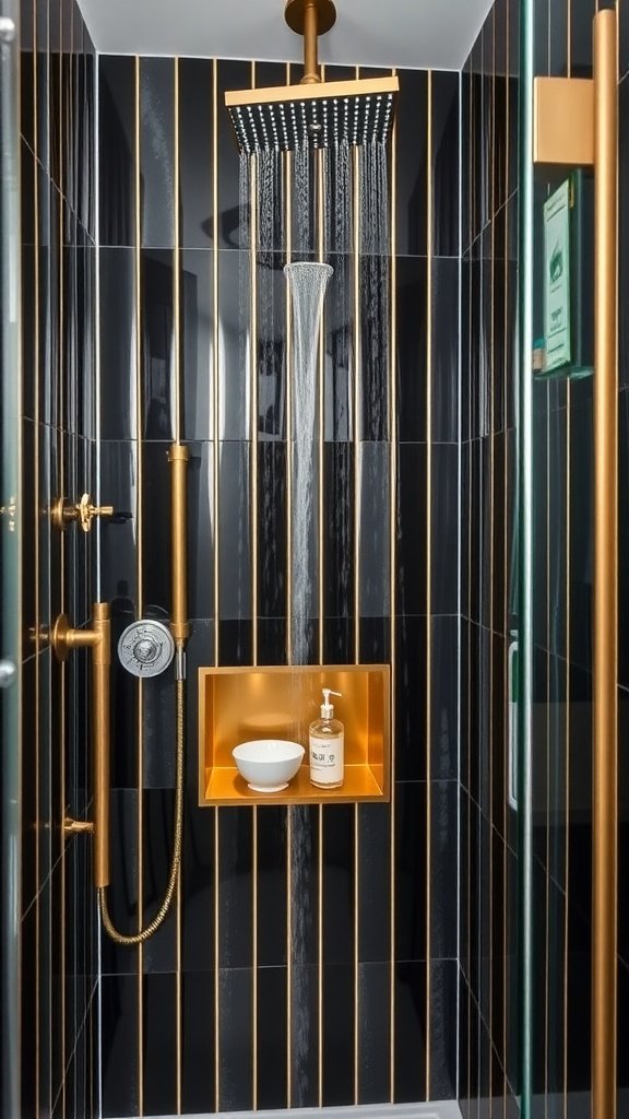 A luxurious shower panel with gold fixtures and black tiles, featuring a large showerhead and built-in shelf.
