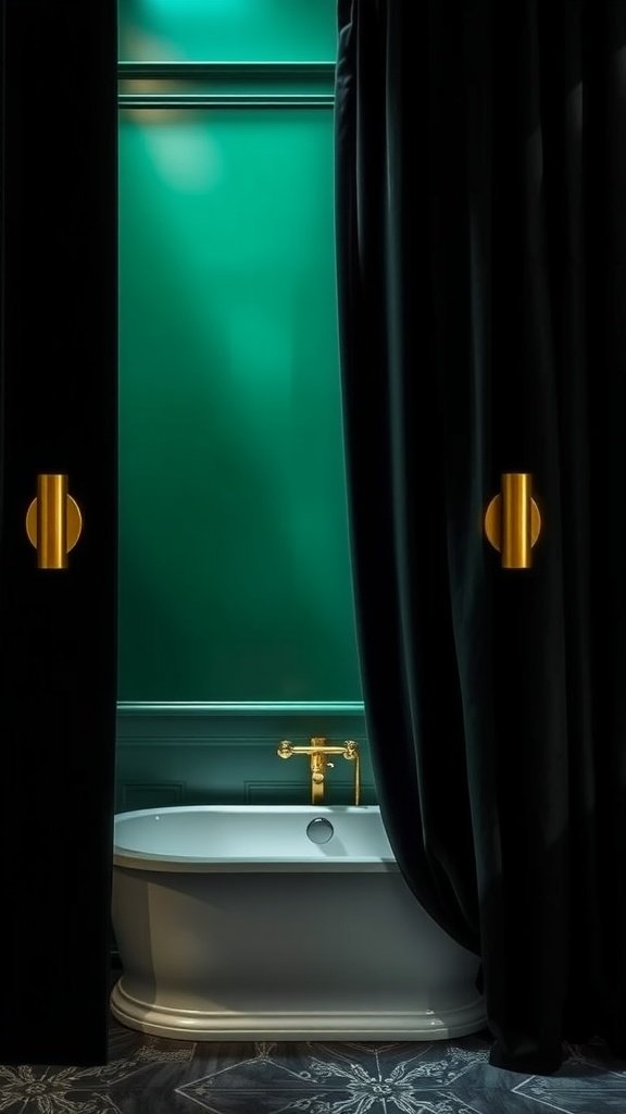 A luxurious emerald green bathroom featuring a sleek bathtub, golden faucet, and black curtains.