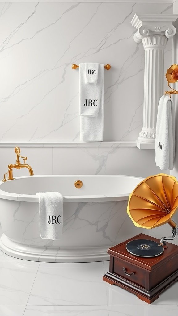 A luxurious bathroom featuring a clawfoot tub, marble walls, monogrammed towels, and a vintage gramophone.