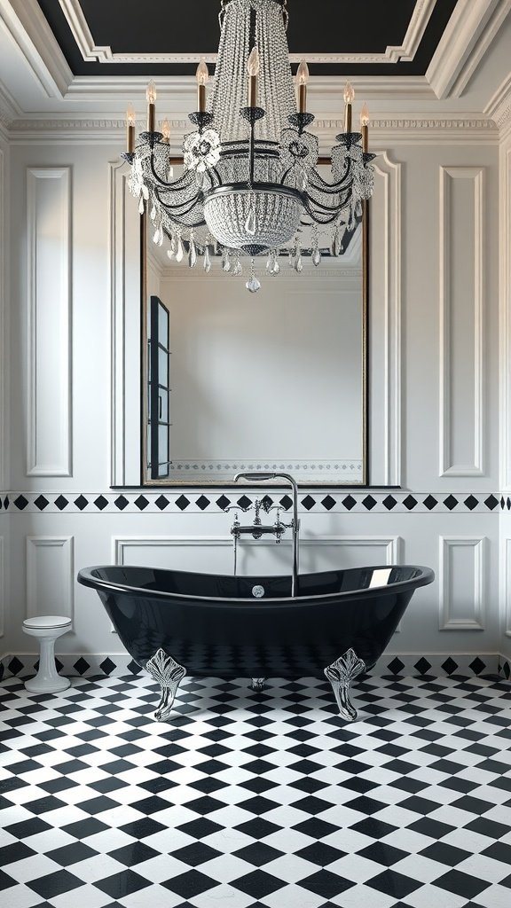 A luxurious bathroom featuring a chandelier over a black tub with a checkered floor.
