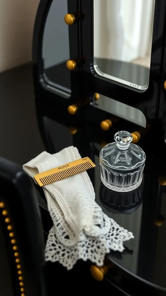 A stylish black vanity with velvet accents and a lace detail on the chair, featuring a comb and a glass container on the surface.