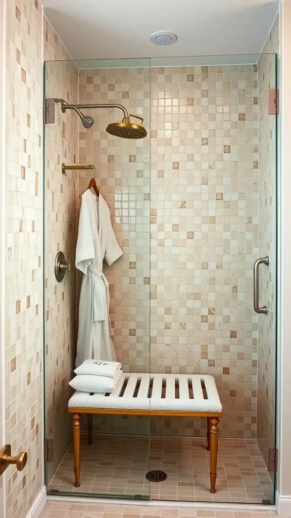 A luxurious walk-in shower with champagne-colored tiles, a gold showerhead, and a wooden bench.