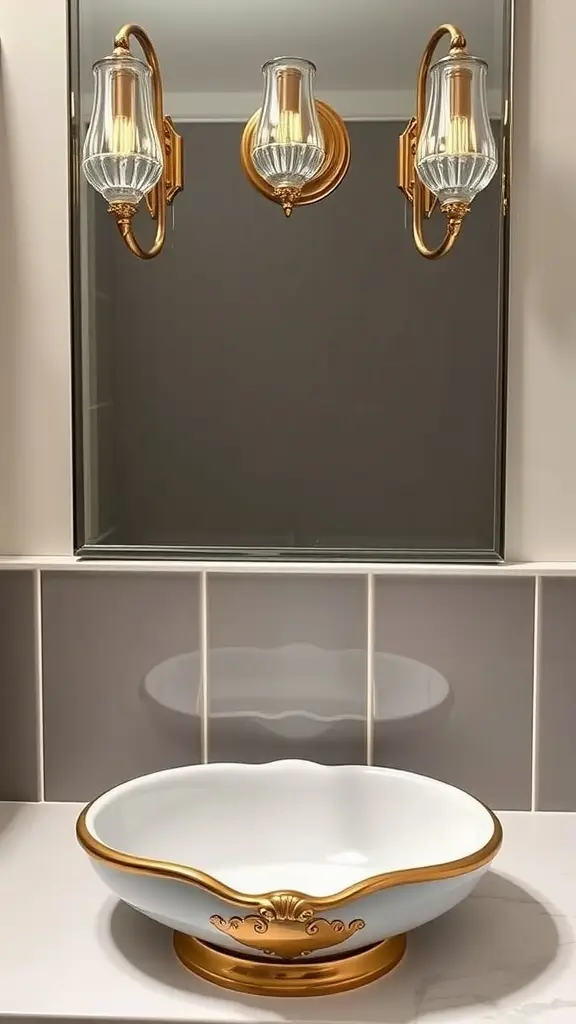 A stylish sink featuring Art Nouveau and Deco elements, with gold detailing and elegant curves.