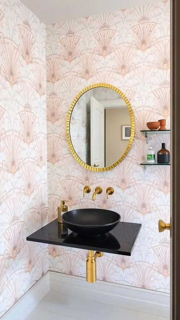 A stylish bathroom featuring opalescent deco walls with a fan pattern, a round sunburst mirror, and a dark basin.