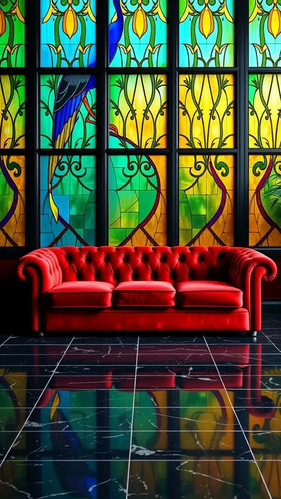 A ruby red vintage couch in front of colorful stained glass windows