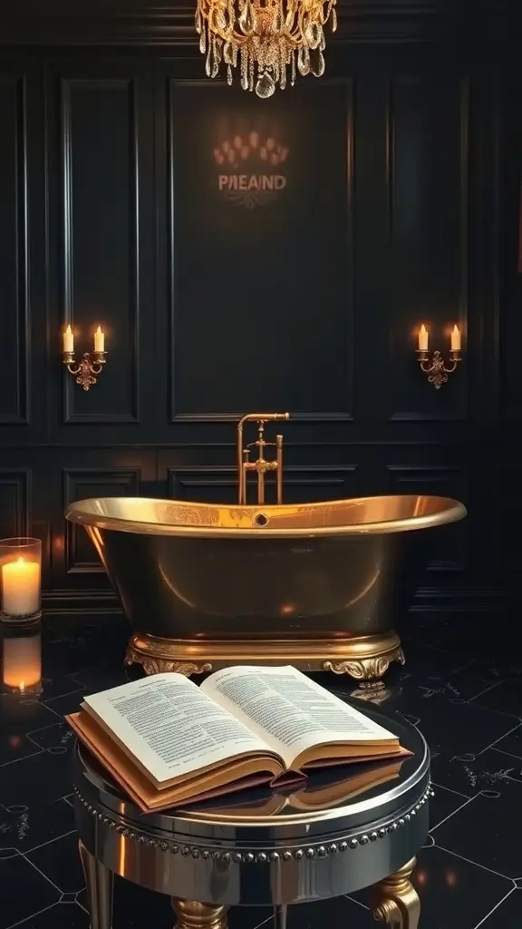 Luxurious bathroom with a gold tub, dark walls, chandelier, and an open book on a side table.