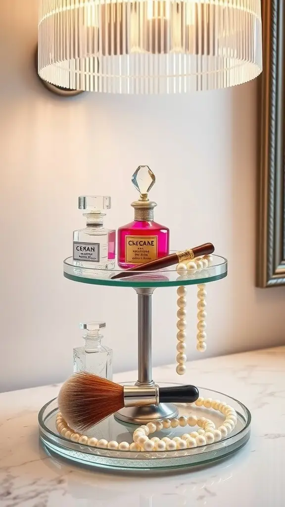 A stylish 1920s inspired perfume display featuring vintage bottles, a makeup brush, and pearls on a tiered stand.