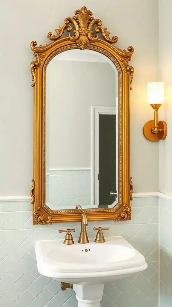 A luxurious bathroom featuring a gilded mirror and elegant sink with blue herringbone tiles.