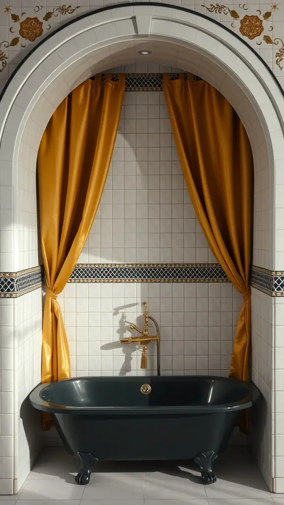 A Deco bathtub alcove featuring a black bathtub, golden curtains, and intricate tile work.