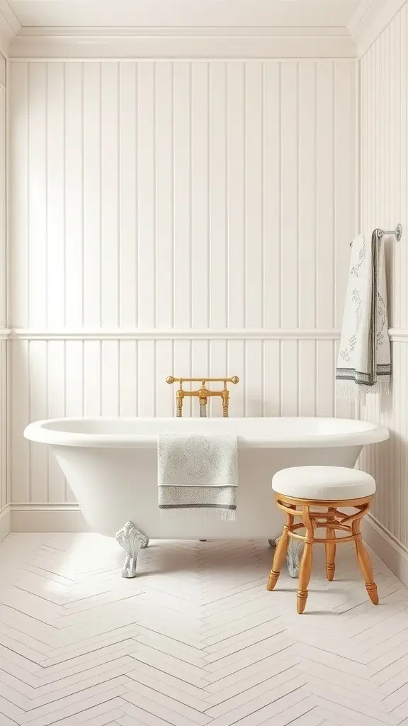 A vintage-inspired bathroom featuring an ivory clawfoot tub, wooden stool, and soft towels, all in a serene ivory color scheme.