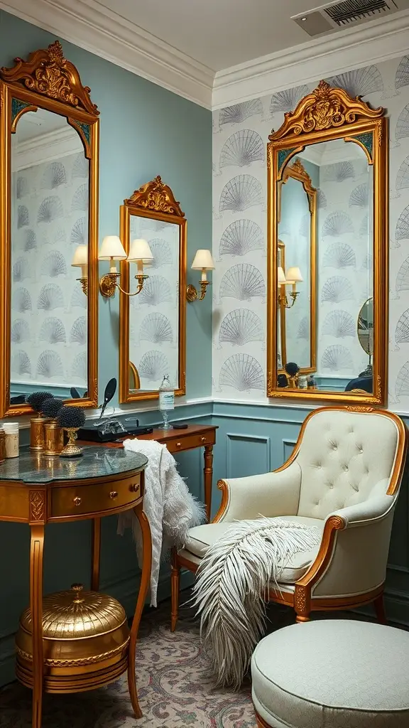 A luxurious dressing area featuring ornate mirrors, a plush chair, and elegant decor.