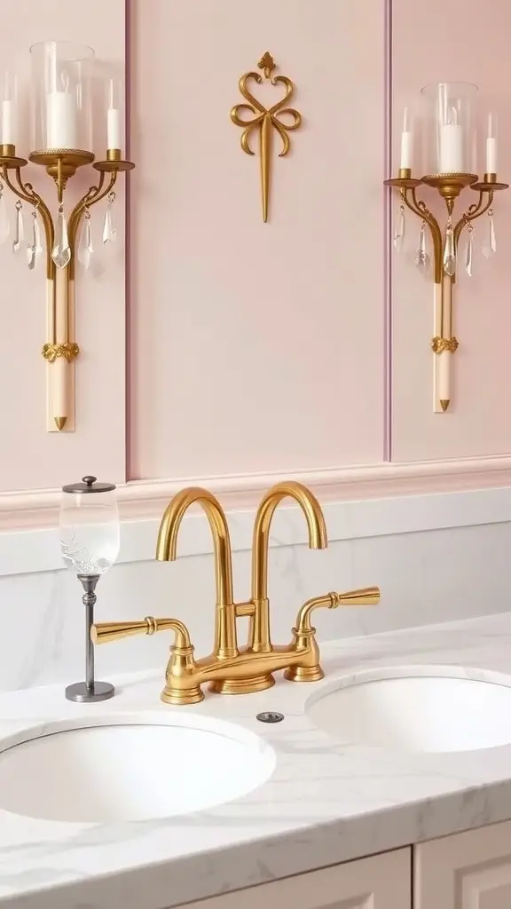 Elegant bathroom with swan-shaped golden faucets and pink wall
