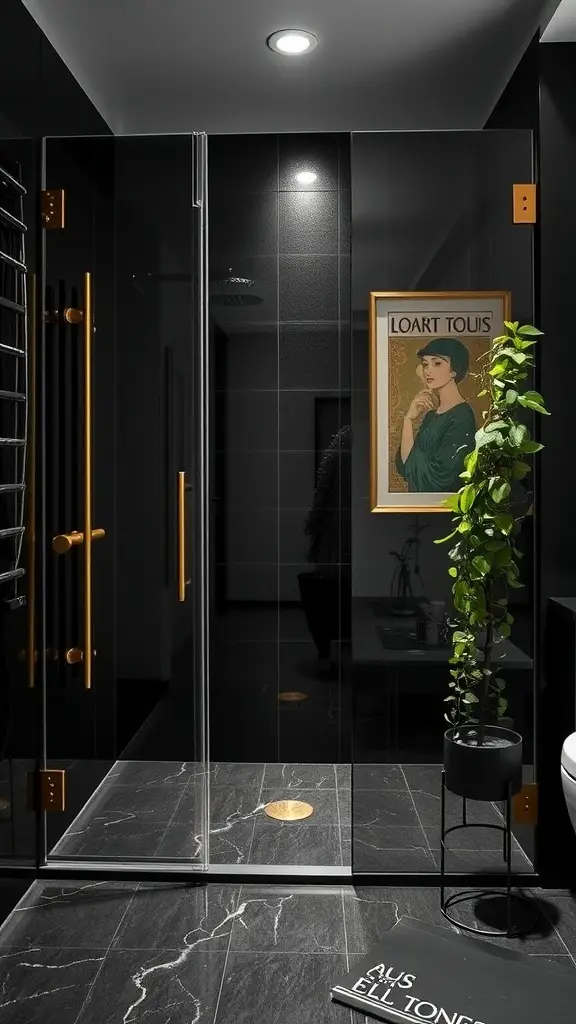A modern bathroom featuring a smoked glass shower, dark tiles, gold accents, and vintage artwork.